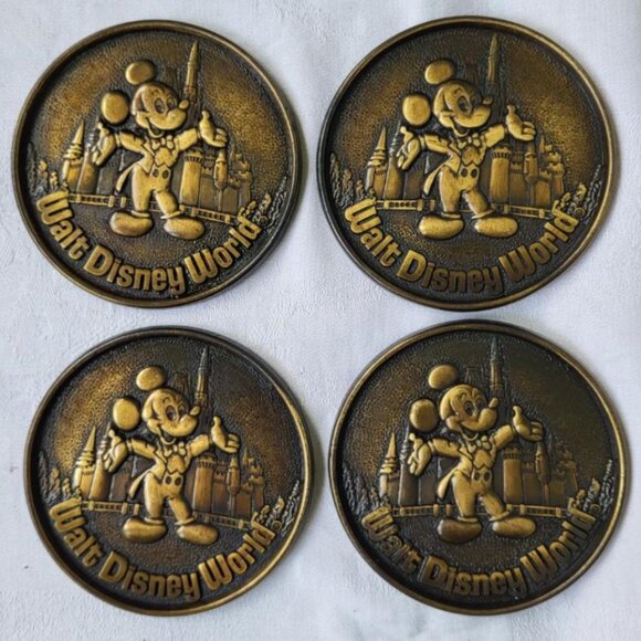 Set of 4 brass Walt Disney World coasters/medallions - Picture 1 of 4